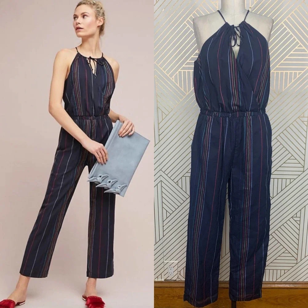 Anthropologie Dolan Jumpsuit Cropped Striped Halter Navy Blue Rainbow Size Small